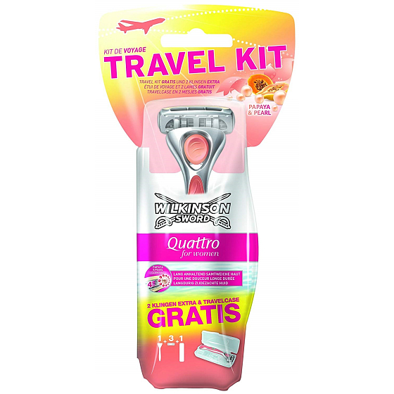 Wilkinson Schwert Quattro für Frauen Papaya & Pearl Travel Kit 3-Klingen-Rasierer für Frauen + Fall