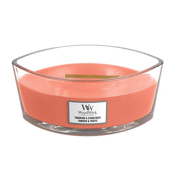 WoodWick Tamarind & Stonefruit - Duftkerze aus Tamarinde und Stein mit breitem Holzdocht und Bootsdeckel 453 g