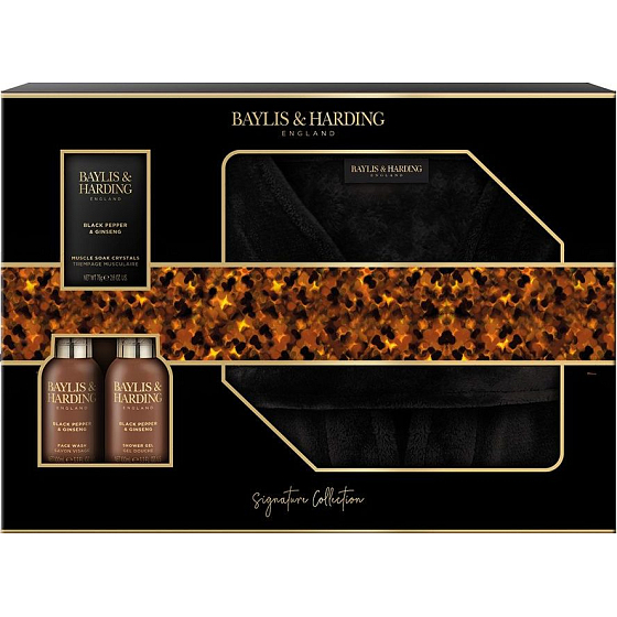 Baylis & Harding Men Schwarzer Pfeffer und Ginseng Körper- und Haarwaschmittel 100 ml + Gesichtsreinigungsgel 100 ml + Badesalz 75 g + Luxus-Bademantel, Kosmetikset für Männer