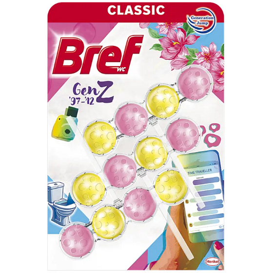 Bref Classic Gen Z WC blok, balení 3 x 50 g, pro hygienickou čistotu a svěžest toalety.
