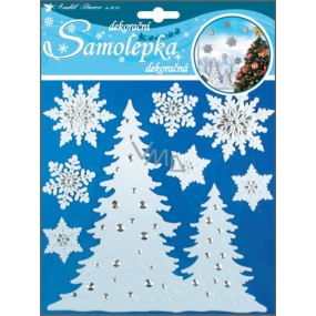 Wandaufkleber Bäume und Schneeflocken weiß mit Metalleffekt 24 x 18 cm