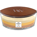 WoodWick Trilogy Golden Treats - Duftkerze mit goldenen Delikatessen, breitem Holzdocht und Schiffsdeckel 453 g