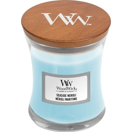 WoodWick Seaside Neroli - Coastal Neroli Duftkerze mit Holzdocht und Deckelglas klein 85 g