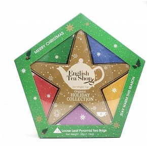 English Tea Shop Bio Holiday Collection Gold Star White Tea, Lychee and Cocoa + Seasonal Siesta + Energy for the Holidays + Refreshment after the celebrations + Mint and Melon + Chai Tea Charge 16 Stück Teepyramiden, 32 g