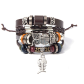 Mehrschichtiges Lederarmband, Eule + Fischsymbol, größenverstellbar