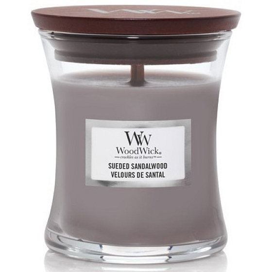 WoodWick Suede & Sandalwood - Suede Sandalwood Duftkerze mit Holzdocht und Deckel Glas klein 85 g