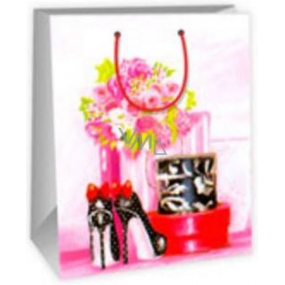 Ditipo Geschenk Papiertüte 26,4 x 13,6 x 32,7 cm weiß rosa - Blume, gepunktete Schuhe