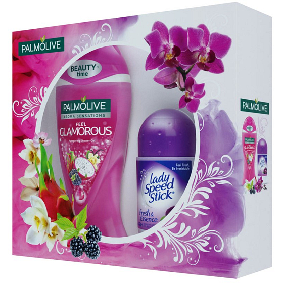 Palmolive Aroma Sensations Feel Glamorous verwöhnendes Duschgel 250 ml + Lady Speed Stick Fresh & Essence Luxuriöses Frische-Roll-On für Frauen 45 g, Kosmetikset