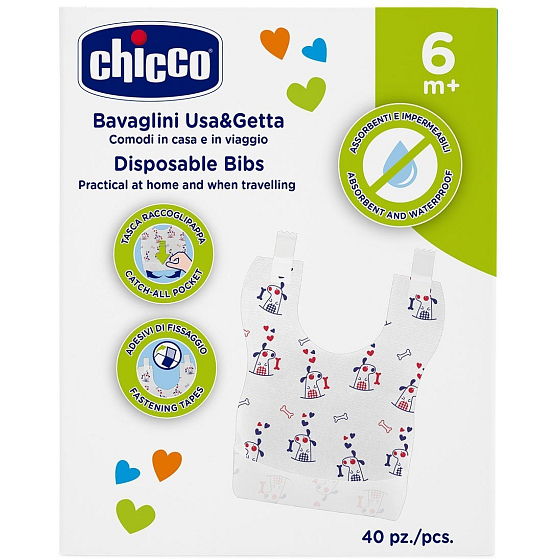 Chicco Easy Meal Einweg-Lätzchen, für Reisen geeignet, 40 Stück für Kinder ab 6 Monaten