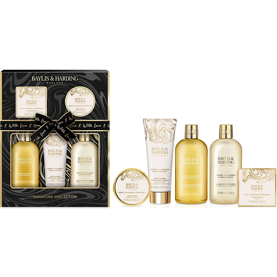 Baylis & Harding Tangerine and Grapefruit Duschcreme 300 ml + Duschgel 300 ml + Körperlotion 130 ml + feste Seife 150 g + Körperbutter 100 ml + Badeschwamm, Kosmetikset für Frauen