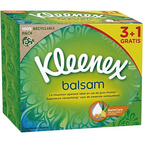 Kleenex Balsam 3-lagige Papiertaschentücher in der Box, 4× 64 Stück, 3+1