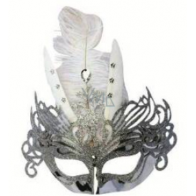 Silberne Kugelmaske mit weißen Federn 30 cm geeignet für Erwachsene