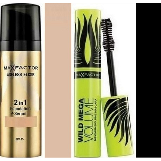 Max Factor Ageless Elixir Make-up 2in1 55 Beige 30 ml + Wild Mega Volume Mascara schwarz 11 ml
