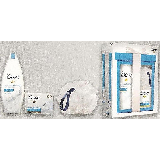 Dove Gentle Peeling pflegendes Duschgel 250 ml + Gentle Peeling Cremetablette 100 g + Schwamm zum Waschen, Kosmetikset