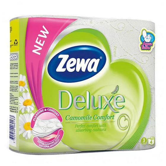 Zewa Deluxe Aqua Tube Camomile Comfort parfümiertes Toilettenpapier 3-lagig 150 Stück 4 Stück, Rolle, die gespült werden kann