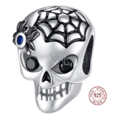 Charm Sterling Silber 925 Totenkopf - schwarzes Spinnennetz, Perle für Halloween-Armband