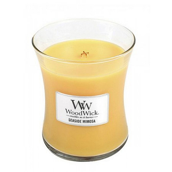WoodWick Seaside Mimosa - Duftkerze Mimosa am Meer mit Holzdocht und Deckel Glas mittel 275 g