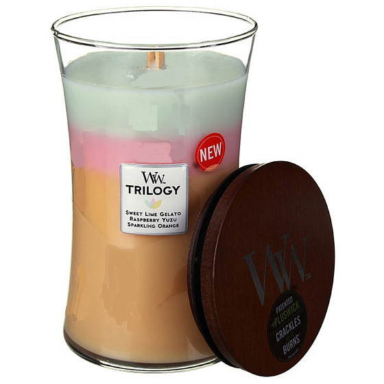 WoodWick Trilogy Summer Sweets - Duftkerze für Sommersüßigkeiten mit Holzdocht und Deckelglas groß 609,5 g