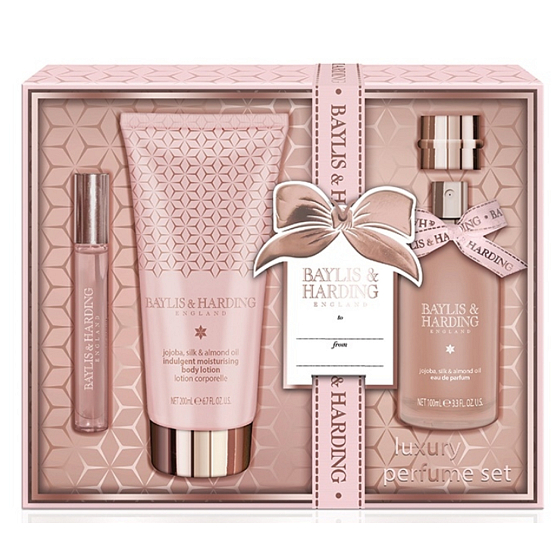 Baylis & Harding Jojoba-, Seiden- und Mandelöl parfümiertes Wasser für Frauen 100 ml + parfümiertes Roll-on in einer Handtasche + Körper- und Handlotion 200 ml, Kosmetikset