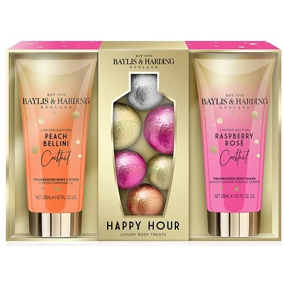 Baylis & Harding Cocktail Stunde Himbeer-Rosen-Reinigungsgel 200 ml + Pfirsich-Bellini-Körperlotion 200 ml + funkelndes ballistisches Bad 6 Stück, Kosmetikset