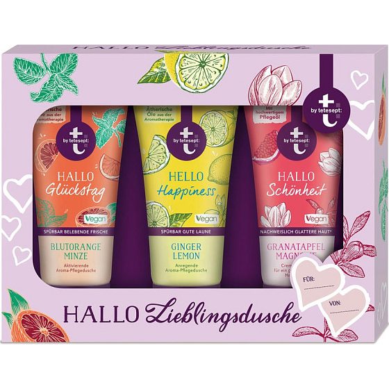 T: VON Tetesept Hallo Gluckstag Duschminiaturen + Hallo Glück + Hallo Schönheit 3 x 50 ml, Kosmetikset