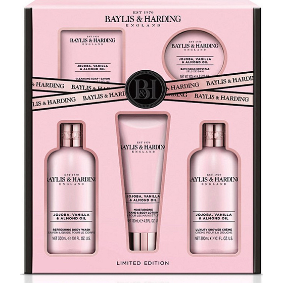 Baylis & Harding Jojoba-, Vanille- und Mandelöl-Reinigungsgel 300 ml + Körperbutter 100 ml + Duschcreme 300 ml + Toilettenseife 150 g + Körperlotion 130 ml, Kosmetikset