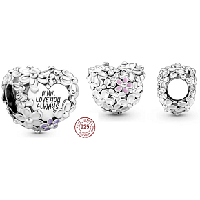Charme Sterling Silber 925 Herz mit Gänseblümchen für Mama, Perle auf Armband Familie