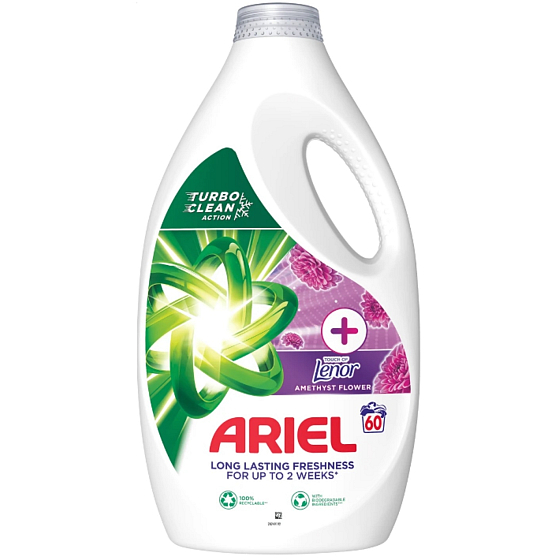 Ariel +Touch Of Lenor Amethyst Flower flüssiges Gel für lang anhaltende Frische 60 Dosen 3 l