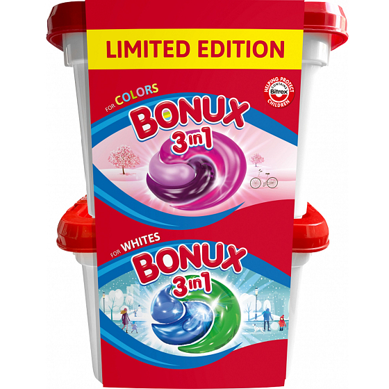 Bonux 3in1 Colors Kapseln Gelkapseln zum Waschen von Buntwäsche + 3in1 Whites Gelkapseln zum Waschen von Weißwäsche 22 Stück