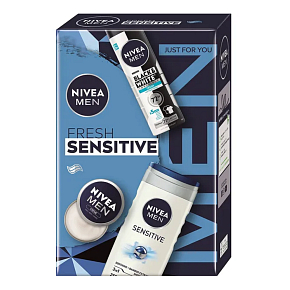 Nivea Men Fresh Sensitive Invisible Black & White Fresh Antiperspirant Spray 150 ml + Nivea Men Sensitive Duschgel 250 ml + Nivea Men Creme Gesichts-, Körper- und Handcreme 30 ml, Kosmetikset für Männer