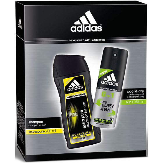 Adidas Cool & Dry 48h 6in1 Antitranspirant Deodorant Spray für Männer 150 ml + Extra reines Anti-Schuppen-Haarshampoo 200 ml, Kosmetikset