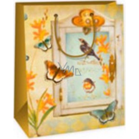 Ditipo Geschenk Papiertüte 18 x 10 x 22,7 cm beige - Fenster, Vögel, Schmetterlinge