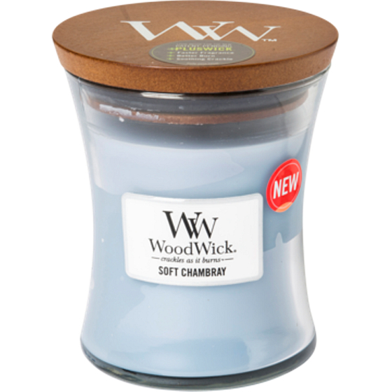 WoodWick Soft Chambray - Reinigen Sie die Duftkerze aus Leinen mit einem Docht aus Holz und einem Glasdeckel von 275 g