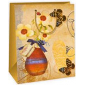 Ditipo Geschenk Papiertüte 26,4 x 13,6 x 32,7 cm beige - Blumen in einer Vase Schmetterlinge AB