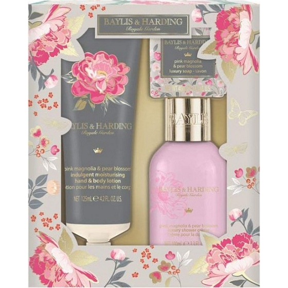 Baylis & Harding Rosa Duschgel aus Magnolien und Birnenblüten 100 ml + Körperlotion 125 ml + Toilettenseife 40 g, Kosmetikset