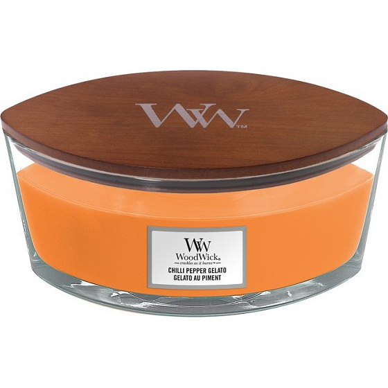 WoodWick Chilli Pepper Gelato - Eiscreme mit Chili und Pfeffer Duftkerze mit hölzernen breiten Docht und Deckel Glas Schiff 453 g