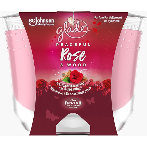 Glade Maxi Peaceful Rose & Wood mit dem Duft von Rhabarber-, Rosen- und Sandelholz-Duftkerze in Glas, Brenndauer bis zu 52 Stunden 224 g