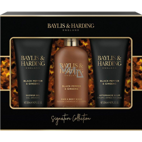 Baylis & Harding Signature Men´s Black Pepper & Ginseng Duschgel 200 ml + Reinigungsgel für Körper und Haare 300 ml + Aftershave Balsam 200 ml, Kosmetikset für Männer