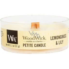 WoodWick Lemongrass & Lily - Zitronengras und Lilie duftende Kerze mit Holzdocht zierlich 31 g