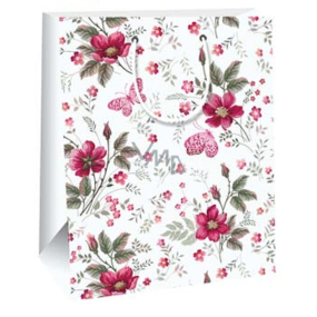 Ditipo Geschenkpapiertüte 26,4 x 13,6 x 32,7 cm Weiße rote Blumen und Schmetterlinge