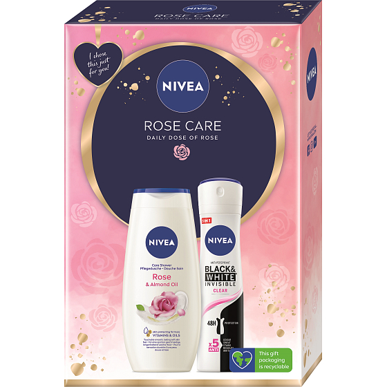 Nivea Rose Care Rose & Almond Oil Duschgel 250 ml + Invisible Black & White Clear Antitranspirant Deodorant Spray 150 ml, Kosmetikset für Frauen