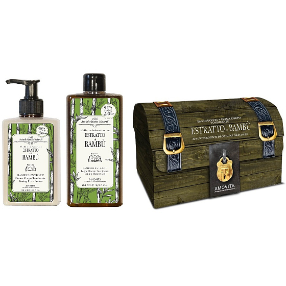 Amovita Estratto di Bambú Körperlotion aus Bambusextrakt 300 ml + Duschgel 300 ml + Anhänger für Glück, Kosmetikset