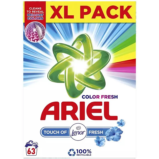 Ariel Fresh Touch von Lenor Fresh Color Waschpulver für farbige Wäschekiste 63 Dosen 4.725 kg