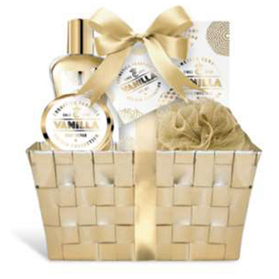 Cosmetica Fanatica Vanilla Körperlotion 95 ml + Duschgel 190 ml + Körperpeeling 50 ml + Badesalz 50 g + Badematte + Korb, Kosmetikset