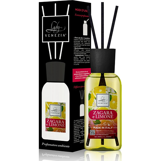 Lady Venezia Zagara e Limone - Orangenblüten- und Zitronenaroma-Diffusor mit Stäbchen zur allmählichen Freisetzung des Duftes 50 ml