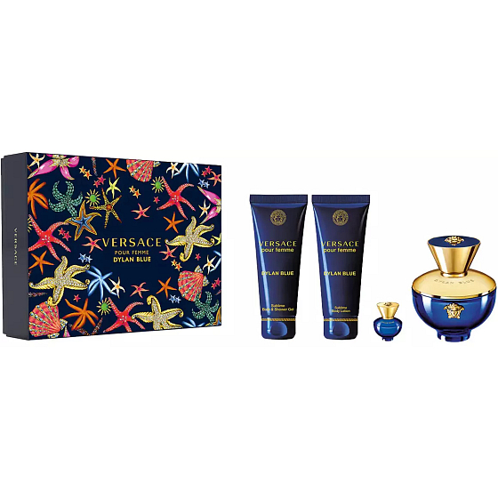 Versace Dylan Blue pour Femme Eau de Parfum 100 ml + Körperlotion 100 ml + Duschgel 100 ml + Eau de Parfum 5 ml Miniatur, Geschenkset für Frauen