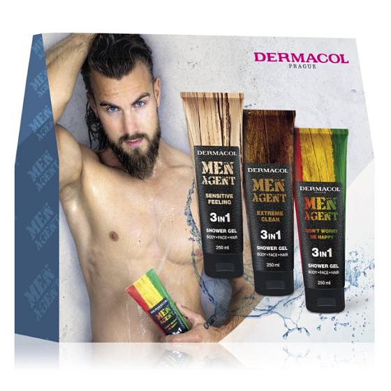 Dermacol Men Agent 3v1 Sensitive Feeling Duschgel 250 ml + 3v1 Extreme Clean Duschgel 250 ml + 3v1 Don't Worry Be Happy Duschgel 250 ml, Kosmetikset für Männer