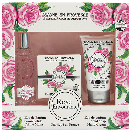 Jeanne en Provence Rose Envoutante - Faszinierendes Rosenparfümwasser für Frauen 60 ml + feste Toilettenseifenseife 100 g + Handcreme 75 g, Kosmetikset