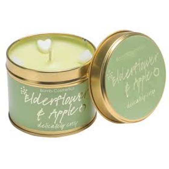 Bomb Cosmetics Elderflower und Apple Scented natürliche, handgemachte Kerze in einem Zinnglas brennt bis zu 35 Stunden