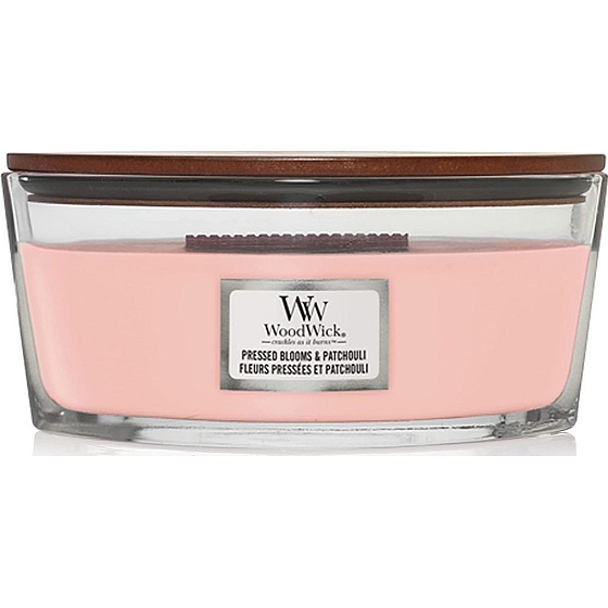 WoodWick Pressed Blooms & Patchouli - Crushed flowers and patchouli Duftkerze mit Holzdocht und Deckel Glasschiffchen 453 g